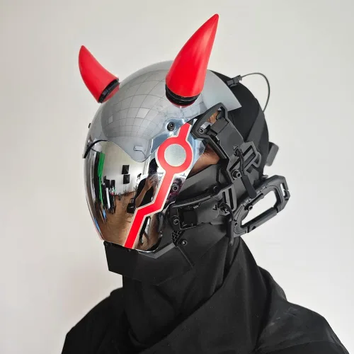 Vista 7 de KYEDAY Máscara punk para hombre, máscara de cuerno de buey LED, tecnología punk futurista, cosplay, Halloween, accesorios para fiestas y festivales