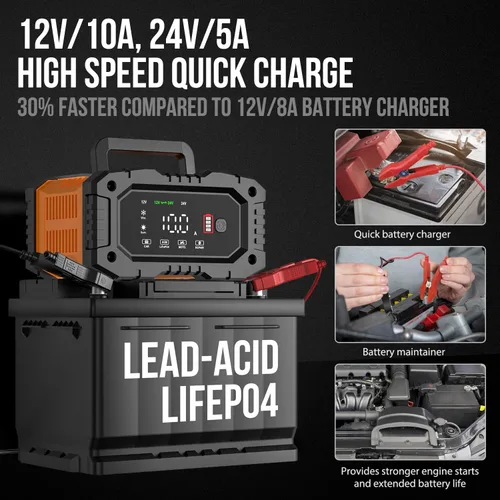 Vista 2 de NEXPEAK NC202 Cargador de Batería de 10 Amperios, Cargador de Batería Portátil para Automóvil de 12V 24V LiFePO4 Ácido de Plomo, Cargador por Goteo