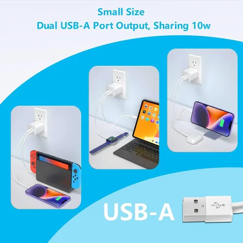 Vista 2 de Bloque de cargador USB, puerto dual A de 10 W (5 V x 2.1 A), cargador de pared, adaptador de corriente, caja de carga rápida/ladrillo/cubo