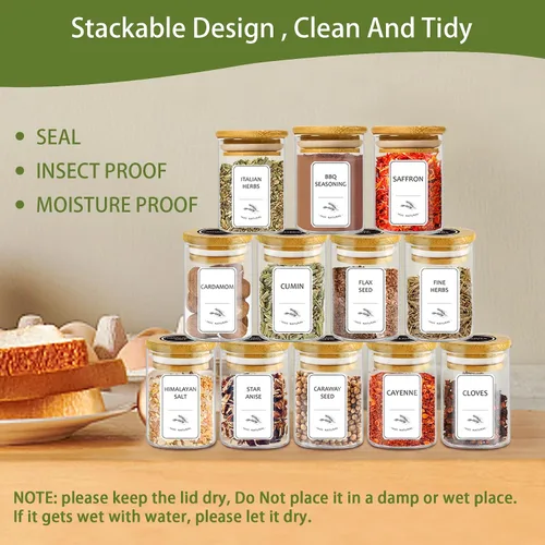 Vista 5 de SLifeJars - Frascos de especias con etiqueta, 4 oz 24 piezas Recipientes de especias Frascos de vidrio con tapas de bambú, Botellas de recipientes