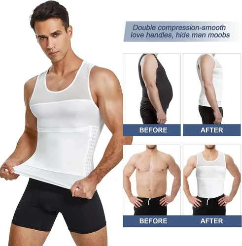 Vista 4 de MOLUTAN Camisas de compresión para hombre, faja moldeadora de pecho, control de abdomen, moldeador de cuerpo, camiseta interior adelgazante, chaleco