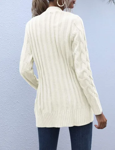 Vista 4 de MEROKEETY - Suéter de punto trenzado y manga larga para mujer, estilo cárdigan abierto al frente, con botones, para otoño, ropa de exterior holgada