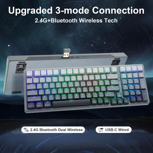 Vista 9 de E-YOOSO - Teclado mecánico inalámbrico Bluetooth, 99 teclas, color gris degradado Wired Gaming Keyboard RGB Backlit, Hot Swappable Pre-lubed