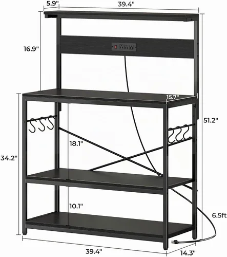Vista 7 de SUPERJARE - Estante para panaderos con tomas de corriente, soporte para microondas de 39.4 x 14.3 pulgadas, estante de almacenamiento con estante