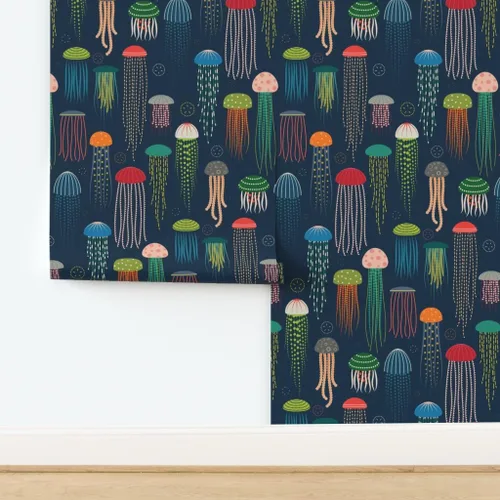 Vista 4 de Muestras de papel tapiz para despegar y pegar, medusas brillantes y modernas, animales coloridos océanos, natación, criaturas marinas, decoración