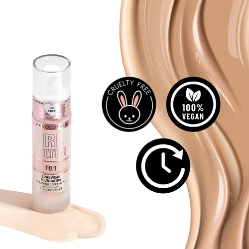 Vista 6 de Revolution, base de maquillaje de larga duración IRL Filter, fórmula suave y transpirable, cobertura media a completa, acabado mate, F1, 0.7 fl oz