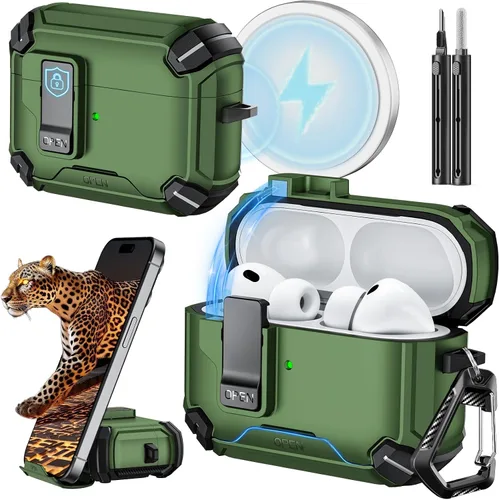 Vista 14 de Inesore Funda para AirPods Pro 1ª/2ª con bloqueo seguro (verde oscuro) Cubierta magnética de bloqueo automático con soporte para teléfono y kit