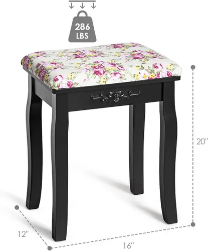 Vista 3 de Giantex Taburete de tocador de madera, silla acolchada, asiento de piano de maquillaje, banco de maquillaje con cojín rosa (negro)