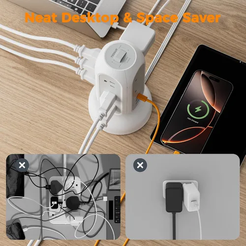 Vista 7 de Regleta con protector contra sobretensiones TESSAN, cable de extensión retráctil de 5 pies con múltiples tomas, 11 tomas con estación de carga de 3
