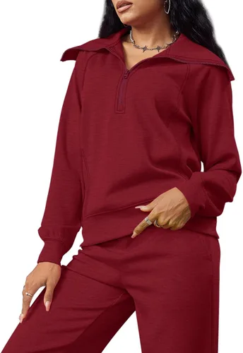 Vista 5 de XIEERDUO Conjuntos de descanso para mujer 2023 sudadera de gran tamaño con media cremallera y pantalón deportivo de pierna ancha de 2 piezas