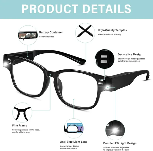 Vista 5 de Gafas de lectura con luces y aumento de 1.5 dioptrías, color negro, unisex para adultos