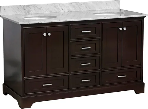 Vista 3 de Kitchen Bath Collection Harper tocador de baño doble de 60 pulgadas (chocolate/carrara): incluye gabinete de chocolate con encimera de mármol