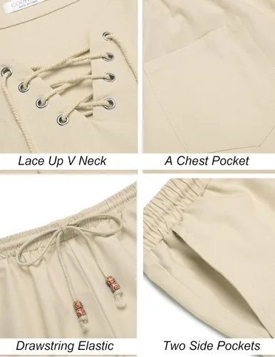 Vista 5 de COOFANDY Conjunto de 2 piezas de lino para hombre, camisa Henley con cordones, manga corta, casual, playa, pantalones cortos hippie, trajes de yoga