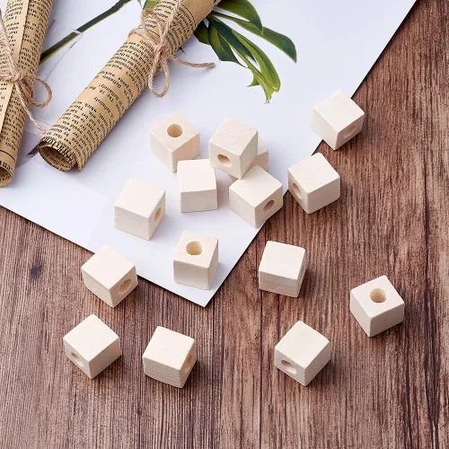 Vista 2 de 50pcs 0.748-0.787 in (3/4") Natural Blank Wooden Cube Beads Unfinished Large Hole Craft Bloques de madera