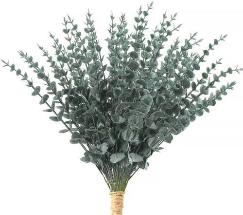 Vista 8 de FOIMAS Tallos de eucalipto artificiales dorados, 36 piezas de ramas de eucalipto sintético, decoración de hojas para arreglos florales, ramo