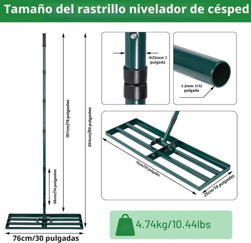 Vista 4 de Rastrillo Nivelador de Césped, Nivelador de Césped de Acero Inoxidable con Placa de Base de 30"x10", Mango Largo Ajustable de 78", Herramienta
