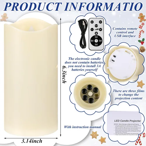 Vista 2 de Proyector de velas sin llama de Navidad, proyector de dulces para interiores, vela LED para vacaciones, funciona con pilas, luz nocturna