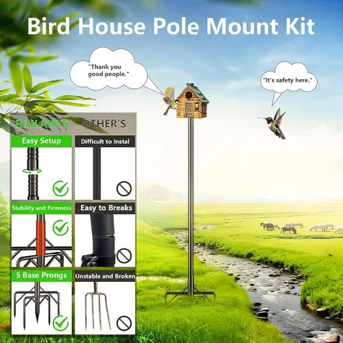 Vista 7 de Kit de poste para comedero de pájaros, poste de casa de pájaros de 79 pulgadas para exteriores resistente, 5 puntas de base ajustables, soporte