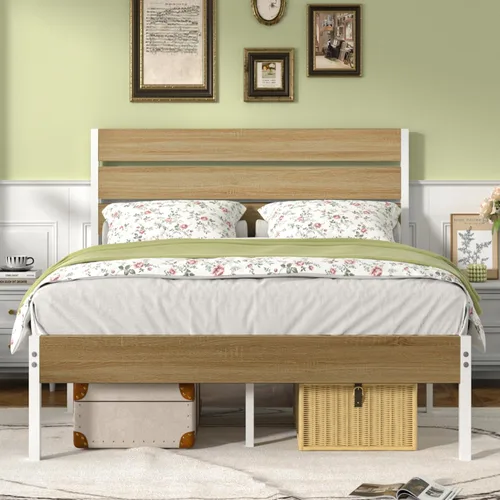 Vista 20 de VECELO Base de cama tamaño individual, plataforma de metal resistente con cabecera de madera, no necesita somier, color marrón antiguo
