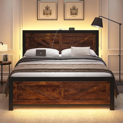 Vista 9 de DOGIBIXO Marco de cama tamaño completo con luces LED y carga USB, marco de cama de plataforma industrial con cabecera de puerta de granero