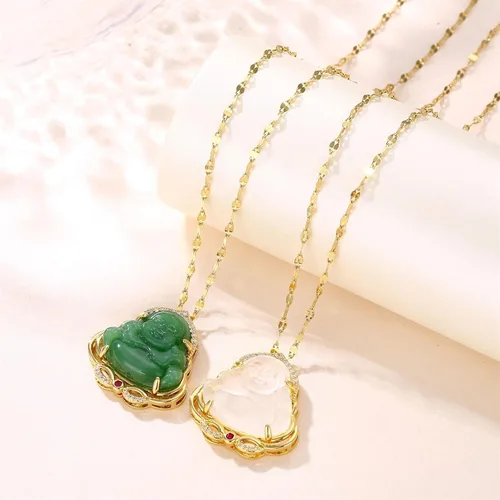 Vista 3 de Colgante de Buda sonriente de jade verde, collar de Buda de color dorado, cadena de eslabones de color dorado, collar de amuleto de guanyin