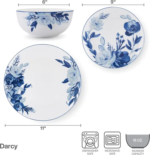 Vista 4 de Mikasa Darcy Bone China - Juego de vajilla ligera de porcelana Bone China de 12 piezas resistente a astillas, servicio para 4, azul y blanco