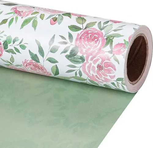Vista 20 de RUSPEPA Papel de regalo reversible floral para niñas y mujeres, mini rollo, acuarela azul floral y azul sólido papel de regalo para cumpleaños