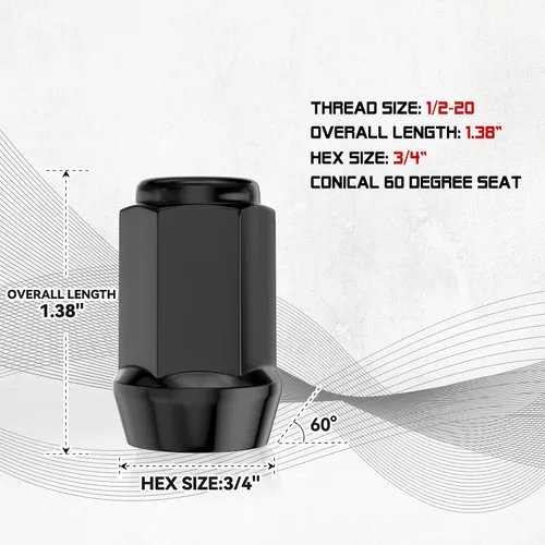 Vista 2 de 20 tuercas negras de 1/2-20 de 1.38 pulgadas, asiento cónico hexagonal, compatible con Bronco Mustang Cherokee Ranger Explorer Liberty YJ TJ KJ KK
