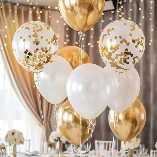 Vista 5 de Juego de 50 globos para fiestas, cromo dorado, perla blanca y confeti dorado, globos de látex natural de 12 pulgadas para decoraciones de fiestas