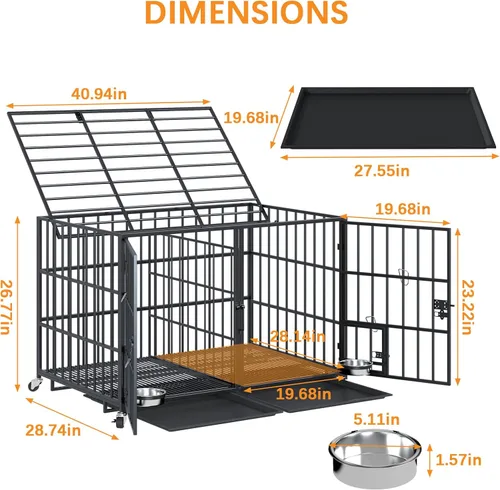 Vista 2 de aboxoo Jaula de metal resistente para perros de 42/48 pulgadas para 2 perros/perros grandes, toda de metal con parte superior abierta apilable, Negro