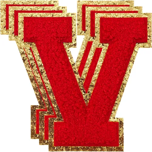 Vista 124 de 3 parches de letras de felpilla roja, parches de letras termo-adhesivas de 4-1/2" con brillantina para ropa, S