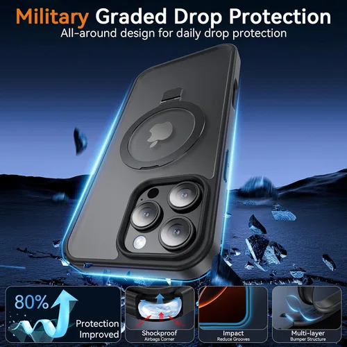 Vista 3 de Fin2feel Funda para iPhone 16 Pro Max con soporte magnético y protector de pantalla, protección militar contra caídas de 12 pies, compatible