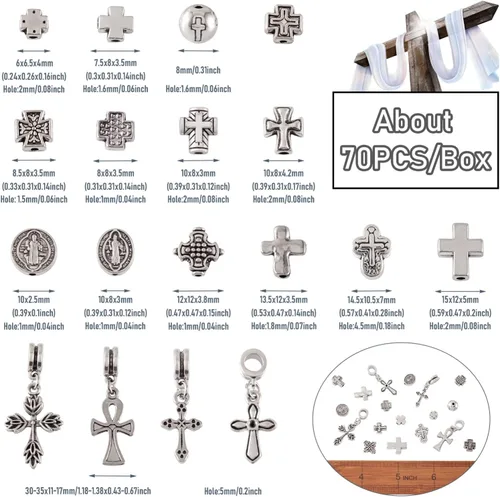 Vista 5 de Pandahall - 70 cuentas de cruz de crucifijo de plata antigua, colgantes de cruz de plata tibetana, collar de rosario de metal, cuentas de oración