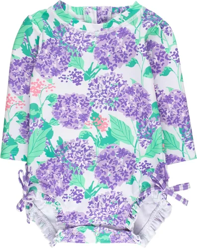 Vista 73 de RuffleButts - Traje de baño de una pieza con protección solar UPF 50+, camiseta de protección floral estampado, manga larga, con cierre zipper