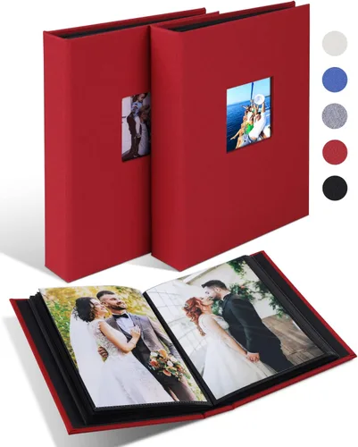 Vista 9 de Álbum de fotos pequeño de 4 x 6 pulgadas, paquete de 2 unidades con capacidad para 56 imágenes, cubierta de lino con ventana frontal, bolsillo