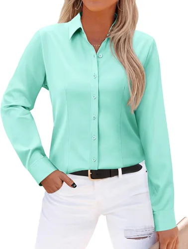 Vista 24 de Gleeivy - Camisas abotonadas para mujer, sin arrugas, de manga larga, camisas de vestir casuales con cuello V, ajustadas, de un solo
