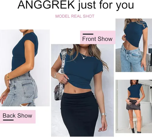 Vista 4 de ANGGREK Womens Summer Short Sleeve Skinny Tight Crop Tops Tee Shirt Workout Casual Basic Crew Neck Slim Fit Y2k T-Shirts
