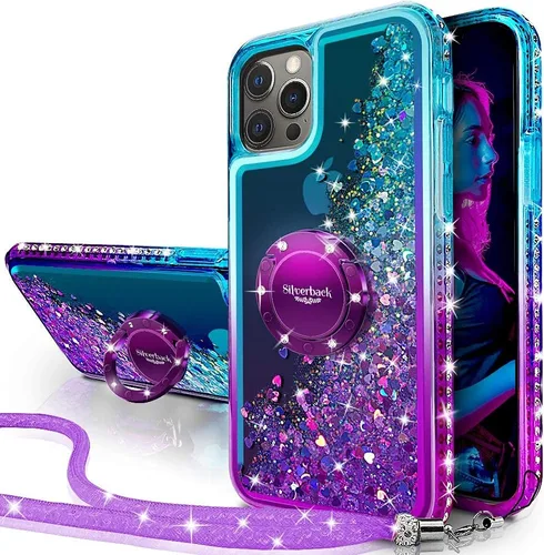 Vista 10 de Silverback - Funda para iPhone 13 Pro con soporte de anillo, color dorado transparente Moving Liquid Holographic Sparkle Glitter, Kickstand, Bling