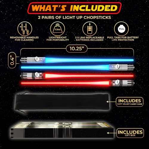 Vista 3 de Lightsable - Palillos de sable de luz LED con luz LED que brilla intensamente, mango extraíble, apto para lavavajillas, caja de regalo premium