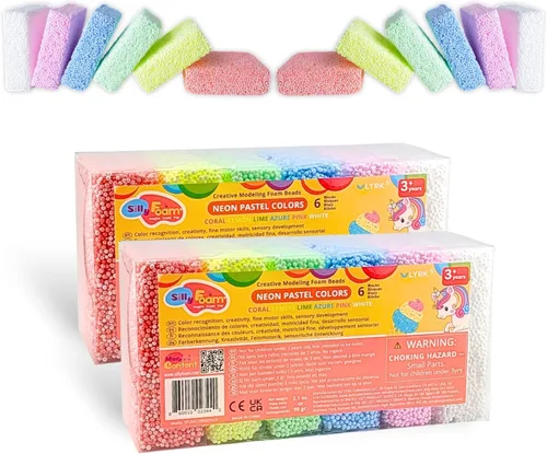 Vista 12 de Espuma Tonta, Cuentas de Espuma de Modelado Creativo, Paquete de 2 de 6 Primarios + 6 Bloques Pastel Neón, Sin Slime Sin Desorden, Perfecto