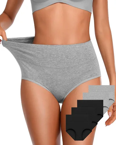 Vista 7 de OUENZ Ropa interior de algodón para mujer, de cintura alta, cobertura completa, calzoncillos posparto, suaves, elásticos, paquete múltiple Negro A