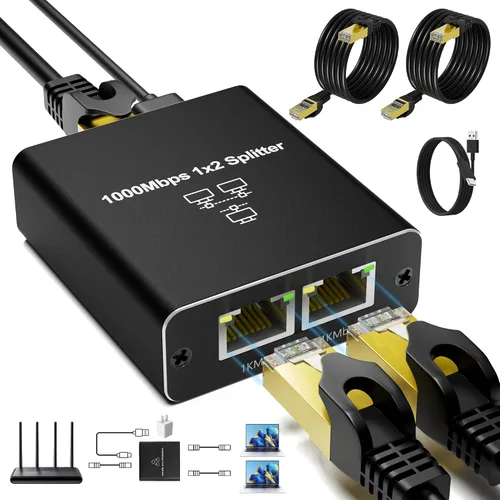 Vista 10 de Divisor Ethernet Gigabit 1 a 2, Divisores de cable LAN, interruptor Ethernet RJ45 de alta velocidad de 1000 Mbps con cable de alimentación USB C