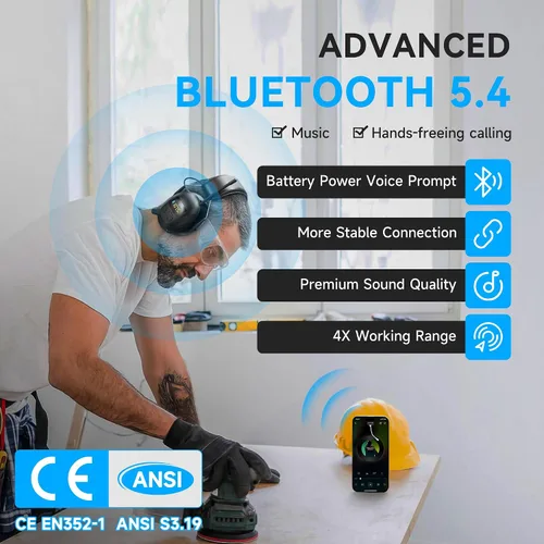 Vista 4 de Auriculares de protección auditiva con radio Bluetooth 5.4 AM/FM 2025 con pantalla digital retroiluminada/micrófono, tiempo de trabajo de 120 horas