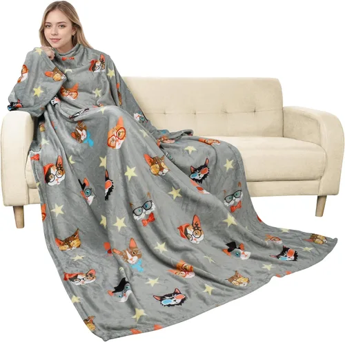 Vista 35 de Catalonia Manta con mangas para mujeres y hombres, manta de forro polar Perro gris
