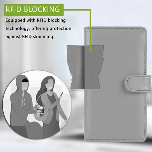 Vista 5 de LOLOMLO Cubierta de cuero de la PU para registrar cheques duplicados, soporte de chequera de bloqueo RFID, Cloud gris, Estilo Billetera