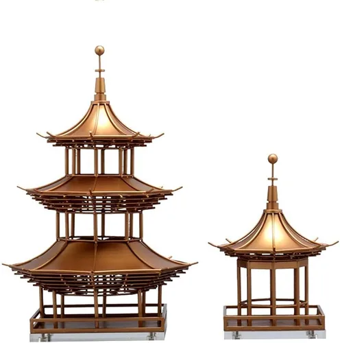 Vista 4 de Estatua china de feng shui, escultura de estatua china de metal antiguo, modelo de arquitectura antigua, decoración de escritorio, sala de té zen