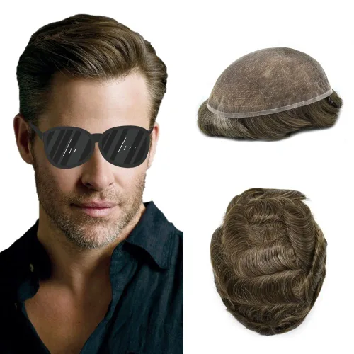 Vista 70 de Completo suizo encaje tupé para hombres pieza de pelo real sistema de reemplazo de cabello humano para hombres Toupee Hairpieces para hombres 7x9