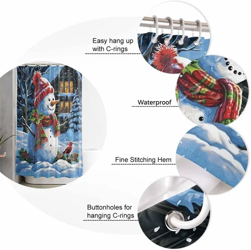 Vista 6 de Cortina de ducha con diseño de cardenales de muñeco de nieve para baño, casa de nieve de Navidad, pájaros rojos, lindo muñeco de nieve, sombrero