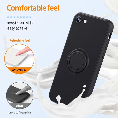 Vista 2 de Funda para iPhone SE 2022/2020, iPhone 8/7, con soporte de anillo giratorio de 360° y correa de silicona líquida delgada funda protectora para Negro