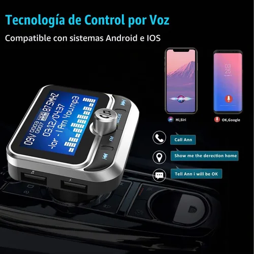 Vista 3 de Transmisor FM Bluetooth para coche, adaptador de radio inalámbrico Bluetooth 5.0, kit de coche con llamadas manos libres, 2 puertos USB, detección